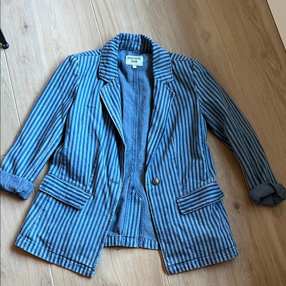 Ganni Blue and Gray Striped Blazer